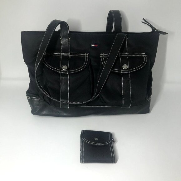 Vintage Y2K 1990s Tommy Hilfiger Black Canvas Shoulder Bag Tote Handbag Purse - Picture 5 of 7